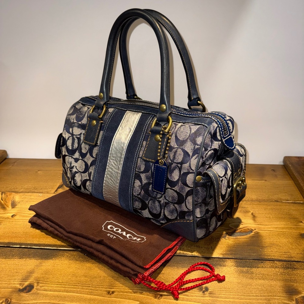 Vintage Coach Distressed Denim Signature Boston Satchel Blue Silver 2186 Y2K